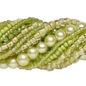 Bead assortment, glass, opaque to transparent light to dark green, 3x1mm-6mm round and irregular rondelle. Sold per pkg of (8) 14-inch strands, approximately 1,200 beads.