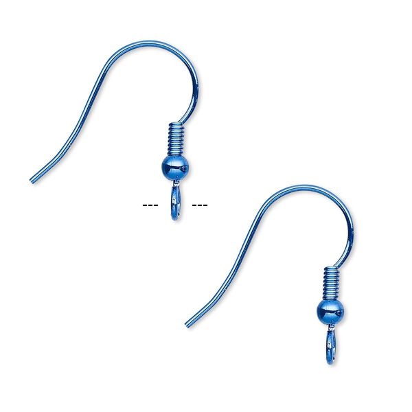 Ear wire fishhook 1pkg10, 19mm / 3mm ball / 4mm coil / open loop, 21 gauge brass / electro-coated blue 5 pair image number 0