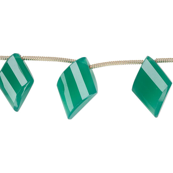Bead, green onyx (dyed), 15x10mm-18x12mm graduated hand-cut top-drilled faceted twisted diamond, B+ grade, Mohs hardness 6-1/2 to 7. Sold per pkg of 5 beads. image number 0