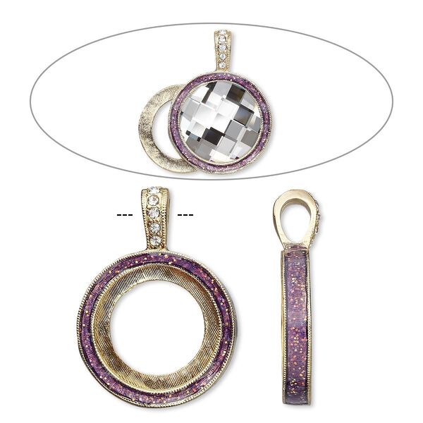 Pendant, Almost Instant Jewelry®, epoxy / crystals / gold-finished "pewter" (zinc-based alloy), amethyst purple and crystal clear with glitter, 33x24mm single-sided with 20mm round setting. Sold individually. image number 0
