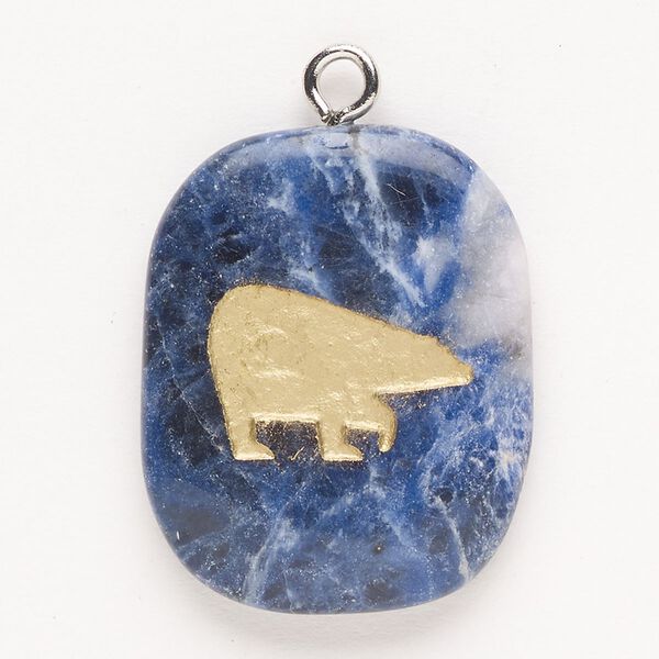 Focal, steel/sodalite (natural)/enamel, pkg/1, silver finish and gold, 30x24mm-39x27mm single-sided puffed freeform with bear, B- grade. image number 0