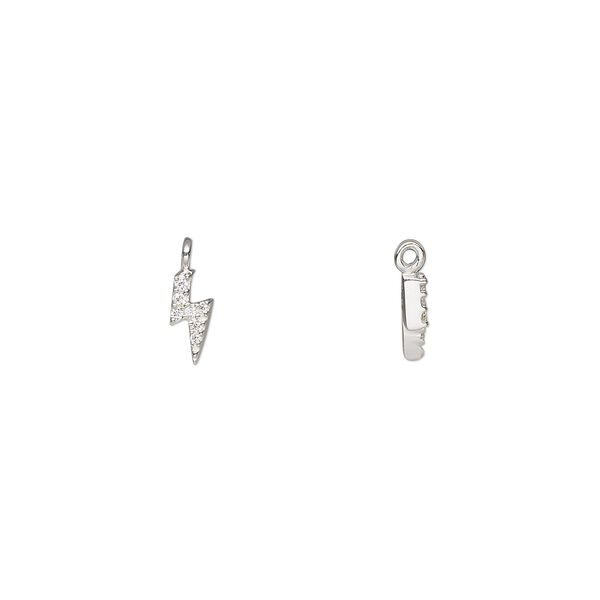 Charm, sterling silver and cubic zirconia, clear, 7x3mm thunderbolt. Sold individually. image number 0