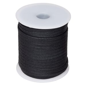 Cord, waxed cotton, black, 3mm flat. Sold per 25-meter spool.