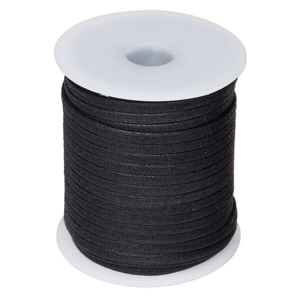 Cord, waxed cotton, black, 3mm flat. Sold per 25-meter spool. image number 0