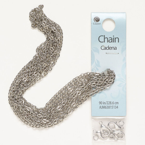 Chain and finding assortment, steel, pkg/1, 3mm oval rolo, silver finish. image number 0