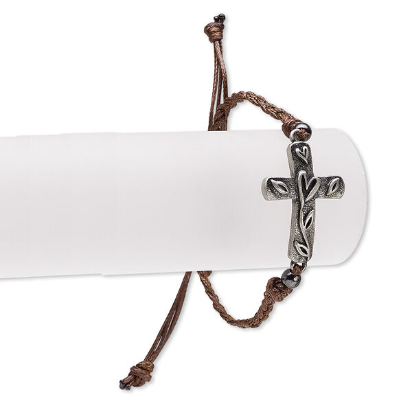Bracelet, waxed cotton cord / gunmetal-plated brass / antique silver-plated "pewter" (zinc-based alloy), brown, 23mm wide with 40x31mm cross and textured heart design, adjustable from 7 to 9-1/2 inches with macramé knot closure. Sold individually. image number 0