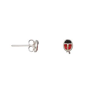 Earstud, sterling silver and crystal, black and red, 6x4mm ladybug. Sold per pair.