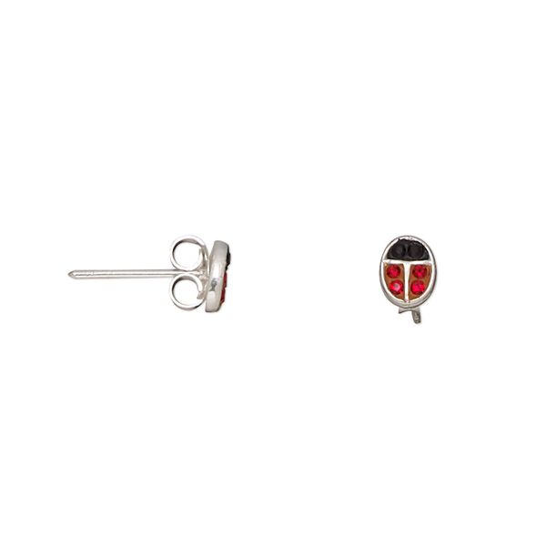 Earstud, sterling silver and crystal, black and red, 6x4mm ladybug. Sold per pair. image number 0