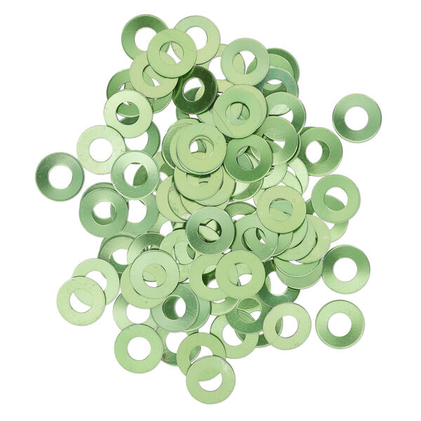 Washer, anodized aluminum, green, 13mm double-sided flat round blank with 6mm hole, 20 gauge. Sold per pkg of 100. image number 1