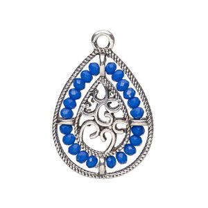 Drop, antique silver-finished "pewter" (zinc-based alloy), cobalt blue, 27.5 x 21.5mm teardrop with hearts and beaded border. Sold per pkg of 2.