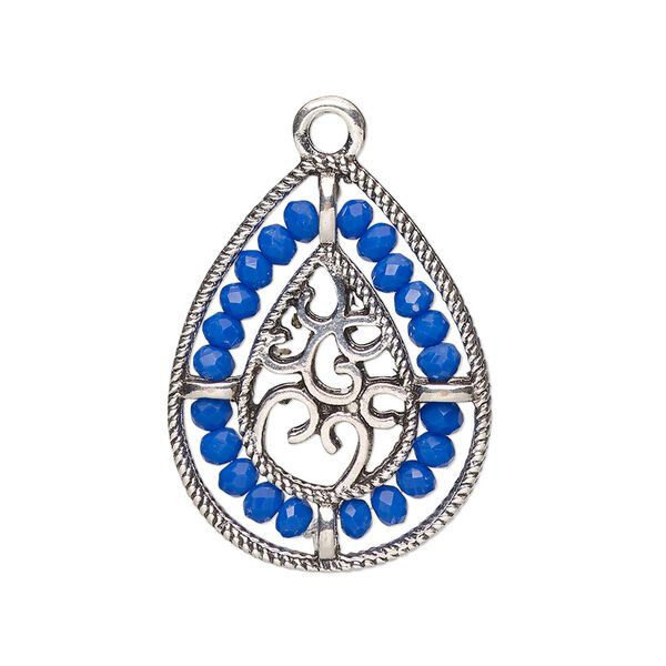 Drop, antique silver-finished "pewter" (zinc-based alloy), cobalt blue, 27.5 x 21.5mm teardrop with hearts and beaded border. Sold per pkg of 2. image number 0