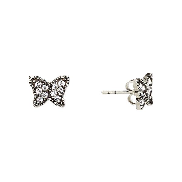 Earstud, Create Compliments®, antiqued sterling silver and crystal, clear, 10x7.5mm butterfly. Sold per pair. image number 0