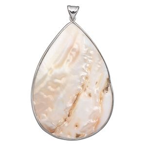Pendant, sterling silver and blister pearl shell (natural), 60x42mm-64x45mm teardrop. Sold individually.