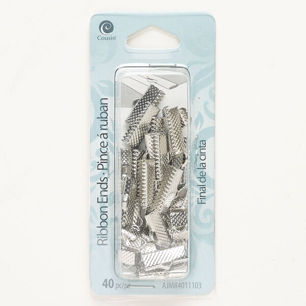 Ribbon crimp end mix, steel, pkg/40, silver finish, 6mm and 16x6mm textured rectangle. image number 0