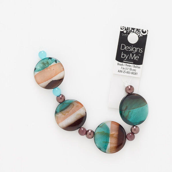 Bead, glass pearl and cat's eye glass, blue / pink / brown, 27-30mm flat round and 7mm round with 0.6mm hole. Sold per 7-inch strand. image number 0