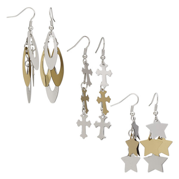 Earring mix, stainless steel / gold-finished steel / silver-plated brass / steel / stainless steel, mixed two-tones, 2 to 2-3/4 inch mixed shapes with fishhook ear wire and rubber earnuts. Sold per pkg of 3 pairs. image number 0