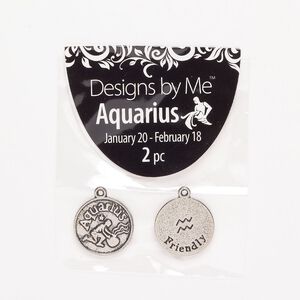 "Pewter" (zinc-based alloy) / enamel 1pkg2, 2-sided round charm / Aquarius / "Friendly" antique silver-finish / black 17mm