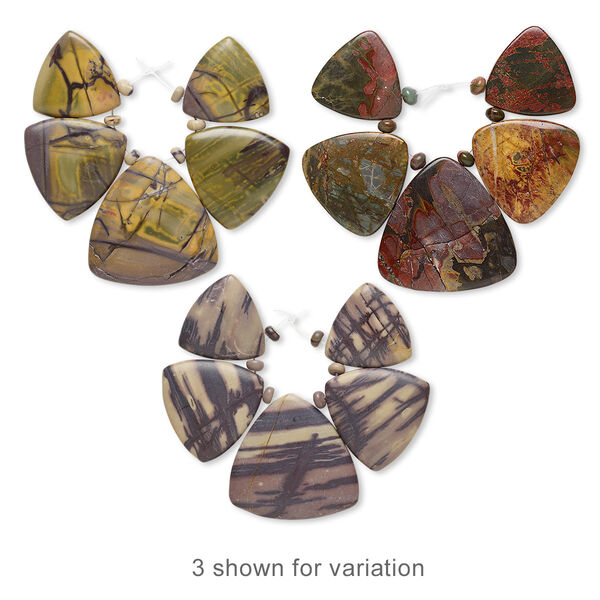 Focal, red creek jasper (stabilized) 30x30x30mm-44x44x44mm graduated hand-cut triangle, B grade, Mohs hardness 6-1/2 to 7. Sold per 5-piece set. image number 0