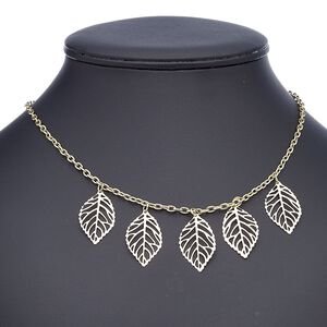Necklace, gold-finished steel and "pewter" (zinc-based alloy), 30x17mm leaf, 18 inches with 2-inch extender chain and lobster claw clasp. Sold individually.