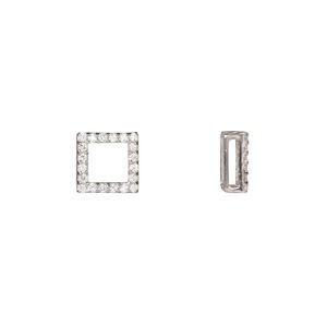 Slide, cubic zirconia and rhodium-plated sterling silver, clear, 8mm single-sided open square with 6x1mm hole. Sold individually.
