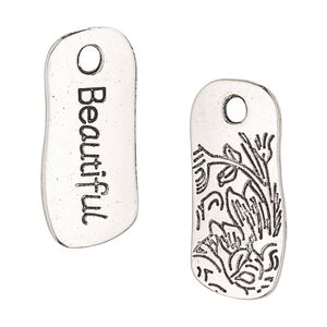 Drop, antique silver-finished "pewter" (zinc-based alloy), 30x13mm two-sided uneven flat rectangle with "Beautiful" and flower design. Sold per pkg of 2.