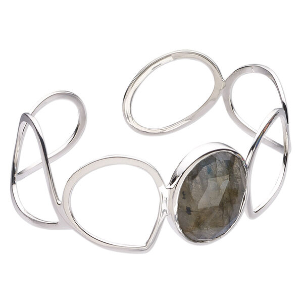 Bracelet, cuff, labradorite (natural) and sterling silver, 27mm wide with faceted oval, 7-1/2 inches. Sold individually. image number 0