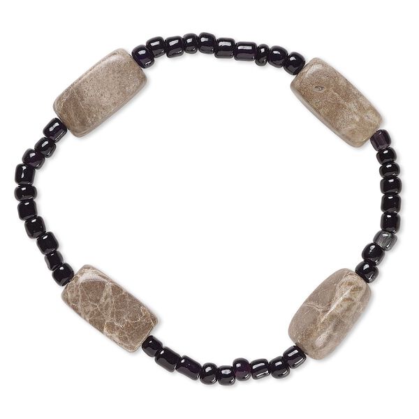 Bracelet, stretch, brown feldspar (natural) and acrylic, black, 3x2mm-5x4mm rondelle and 17x9mm-18x10mm square tube, 6 inches. Sold individually. image number 0