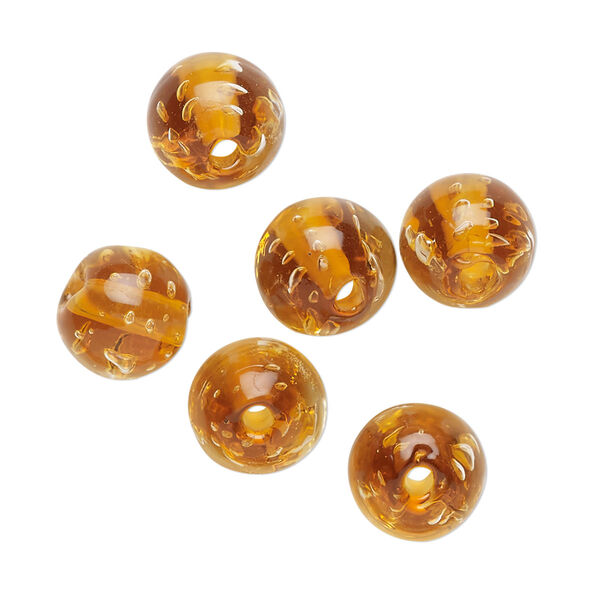 Bead, lampworked glass, translucent gold, 10mm round. Sold per pkg of 6. image number 0