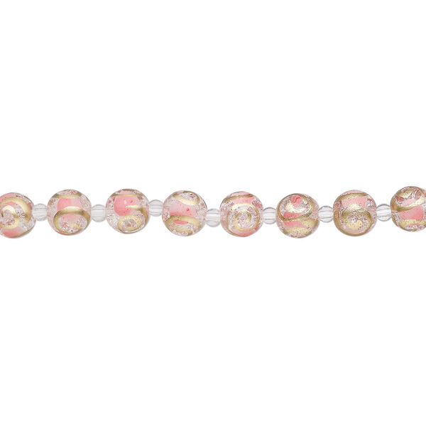 Bead, glass 1pkg8, transparent pink and gold, 12mm round with crackle finish and hand-painted spiral. image number 1
