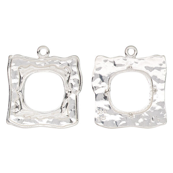 Drop, JBB Findings, sterling silver, 21x20mm single-sided uneven square with hammered texture and 12mm 4-prong cushion setting. Sold individually. image number 0