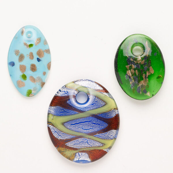 Random focal mix, lampworked glass, opaque mixed colors with silver-colored foil and copper-colored glitter, 38x28mm-55x49mm top-drilled mixed oval. Sold per pkg of 3. image number 0