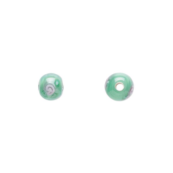 Bead, Czech lampworked glass, opaque green and pink, 6-7mm round with flower design. Sold per pkg of 10. image number 0