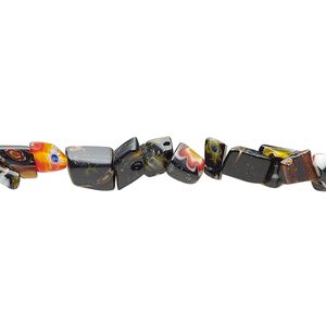 Bead, millefiori glass, translucent black and multicolored, mini to small chip. Sold per 33-inch strand.