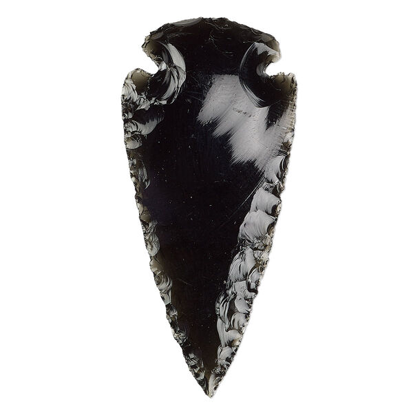 Focal, black obsidian (natural), opaque to semitransparent, 2x1-1/8 to 2-2/3x3/8-inches hand-knapped undrilled arrowhead, B- grade, Mohs hardness 5 to 5-1/2. Sold individually. image number 0
