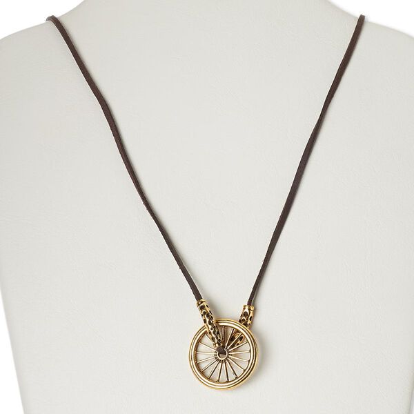 Necklace, antiqued gold-finished "pewter" (zinc-based alloy) and plastic, brown, 33mm wheel, 34 inches with knot closure. Sold individually. image number 0