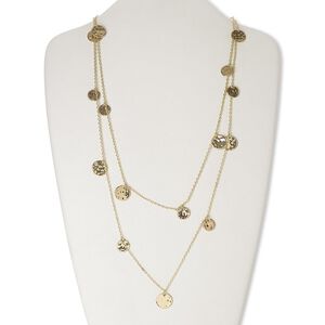 Necklace, gold-finished brass and "pewter" (zinc-based alloy), flat round, 48 inches with lobster claw clasp. Sold individually.