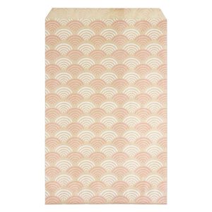 Bag, paper, brown, white and pink, 9x6 inch rectangle with fan-print and scalloped top edge. Sold per pkg of 100.