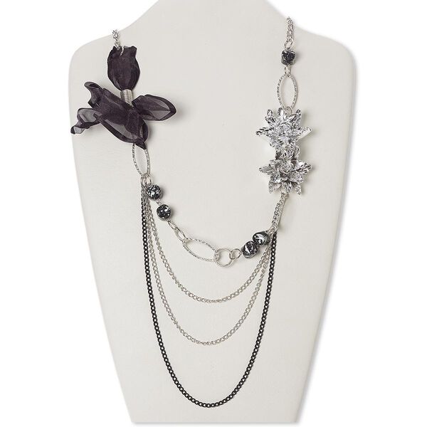 Necklace, acrylic / organza ribbon / steel / silver-coated plastic, black, flower, 30-inch continuous loop. Sold individually. image number 0