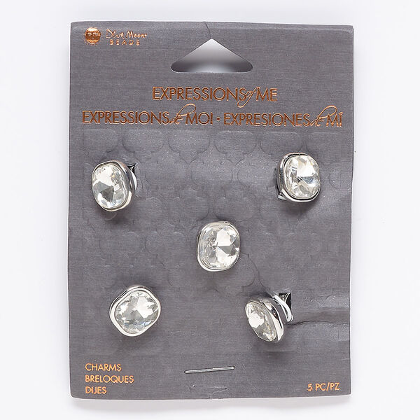 Slide, glass and silver-finished "pewter" (zinc-based alloy), clear, 12x9mm rounded faceted square with 6.5mm hole. Sold per pkg of 5. image number 0