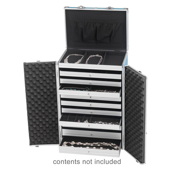 Display case, aluminum with PVC surface finish, silver and blue, 24 x 15 x 10-1/4 inches with 10 pull-out drawers, adjustable pop-up handle and wheels. Sold individually. image number 1