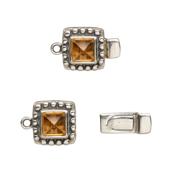 Clasp, tab, citrine (heated) and antiqued sterling silver, 11x11mm square with 6x6mm faceted square. Sold individually. image number 0