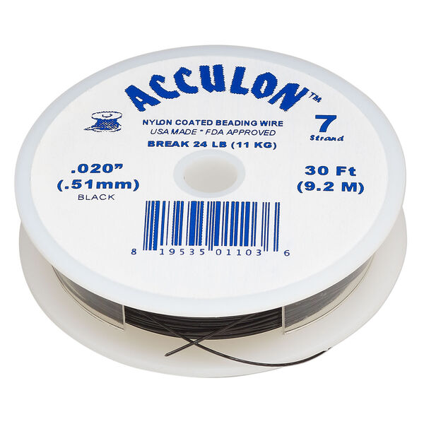 Beading wire, Acculon®, nylon-coated stainless steel, black, 7 strand, 0.02-inch diameter. Sold per 30-foot spool. image number 0