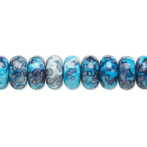 Bead, resin and painted ceramic, blue / white / grey, 10x5mm rondelle. Sold per 15-1/2" to 16" strand.