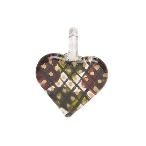 Drop, lampworked glass 1pkg1, opaque multicolored, 19x17mm-22x20mm single-sided heart with checkerboard pattern. image number 2