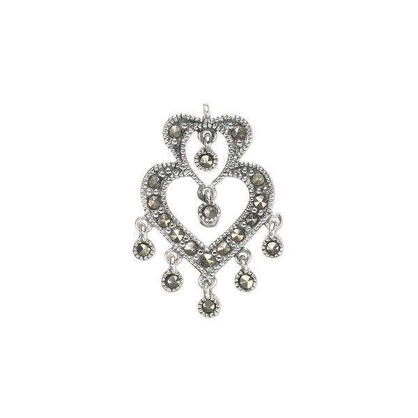 Drop, sterling silver and marcasite (natural), 21x16mm open 2-heart. Sold individually. image number 0