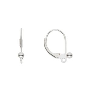 Ear wire leverback 1pkg2 sterling silver, 16mm / 3mm ball / open loop, 1 pair