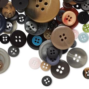 Button mix, resin, mixed colors, 8-50mm round. Sold per 1/4 pound pkg, approximately 200 buttons.