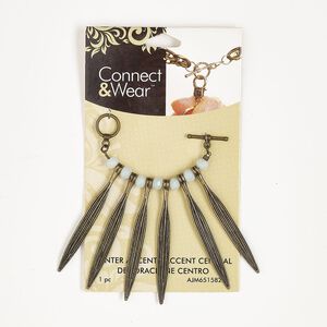 Component, toggle, antique brass-finished "pewter" (zinc-based alloy) / steel / glass, white, 56x6mm leaf and 6x5mm faceted rondelle. Sold per pkg of 2 inches.