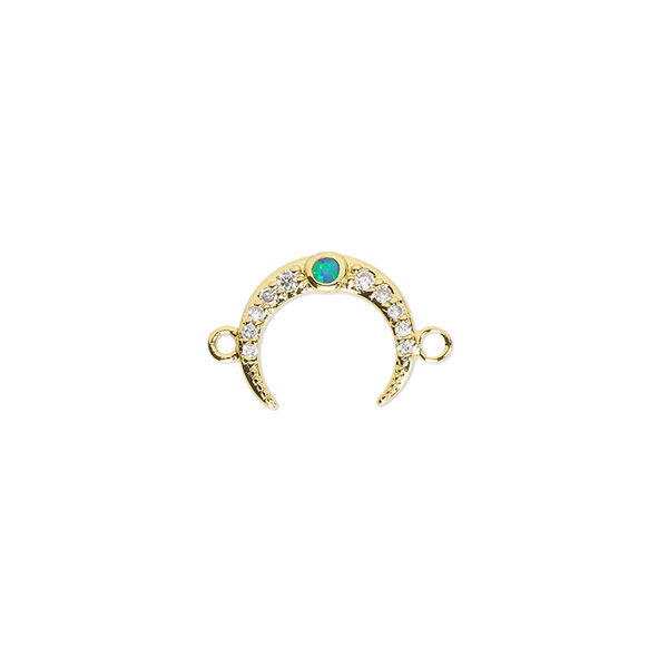Link, cubic zirconia / glass rhinestone / gold-finished brass, clear and green, 12x10mm single-sided naja. Sold individually. image number 0