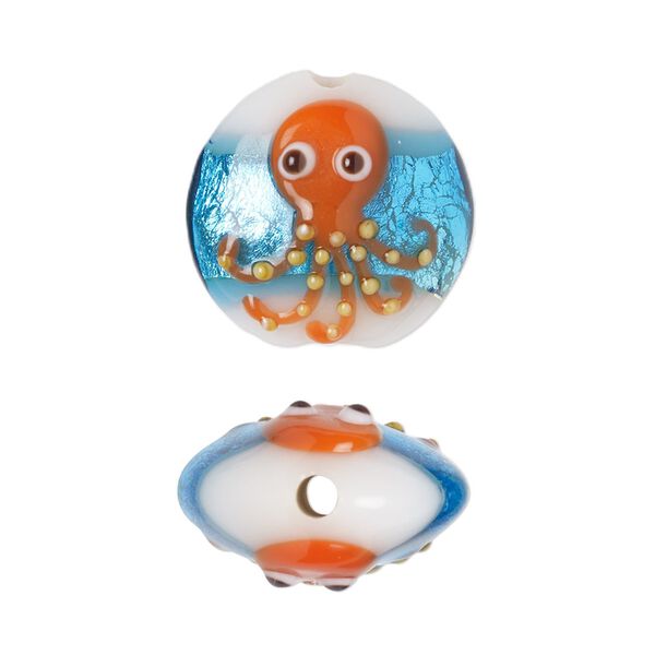 Bead, lampworked glass, opaque white / orange / multicolored with silver-colored foil, 19mm puffed flat round with octopus design. Sold per pkg of 2. image number 0